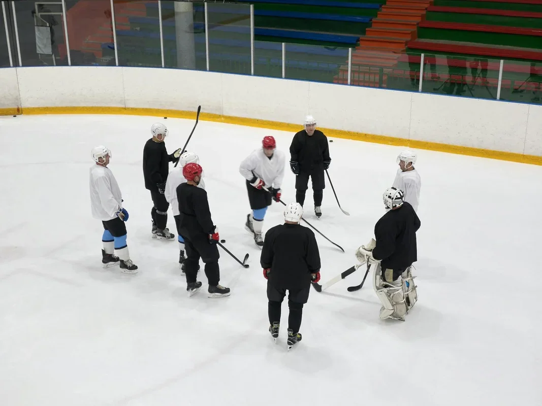 finsko kanada: A team of male ice hockey players gathers on the rink for practice,