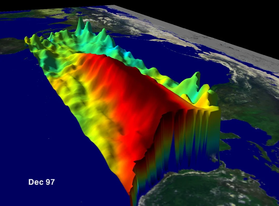 3D vizualizace El Niño anomálie teploty povrchu Tichého oceánu v prosinci 1997