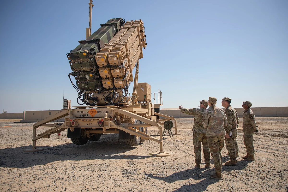 Patriot PAC-3 missile defense system launcher with U.S. Army soldiers