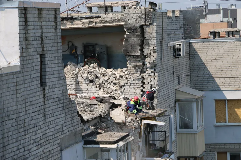 Destroyed building after Russian drone attack in Ukraine war