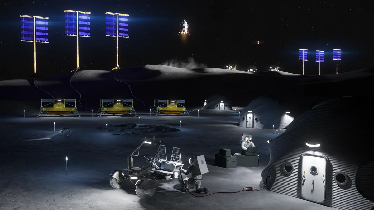NASA concept art of permanent lunar base at Moon south pole