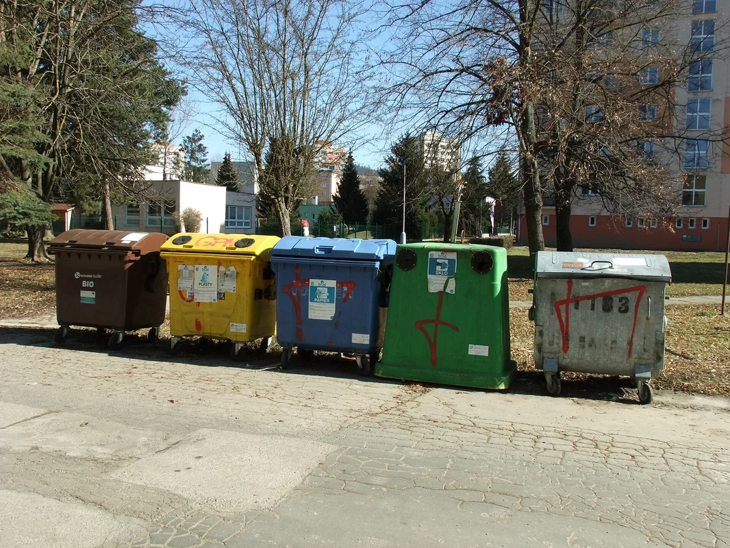 Czech waste sorting colored recycling containers for paper plastics and glass