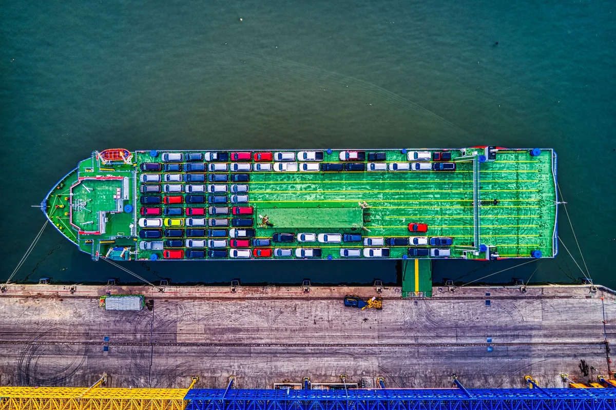 Aerial view of car carrier ship for importing a car to Bulgaria by sea